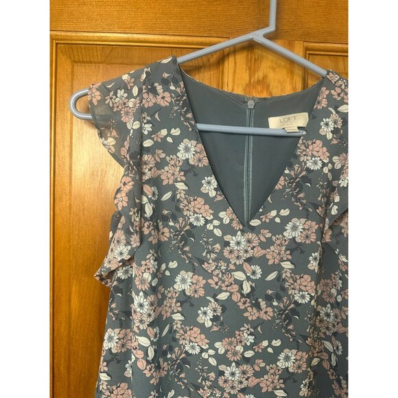 LOFT XS Petite Gray & Pink Floral Ruffle Sleeveless Dress - V-Neck Mini Sundress - Picture 4 of 9